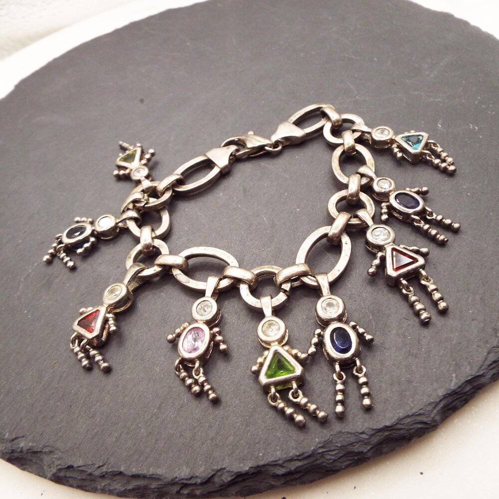ITALIAN STERLING AUTHENTIC BABY BOY & GIRL "BRAT" GEMSTONE 9 CHARMS BRACELET B1